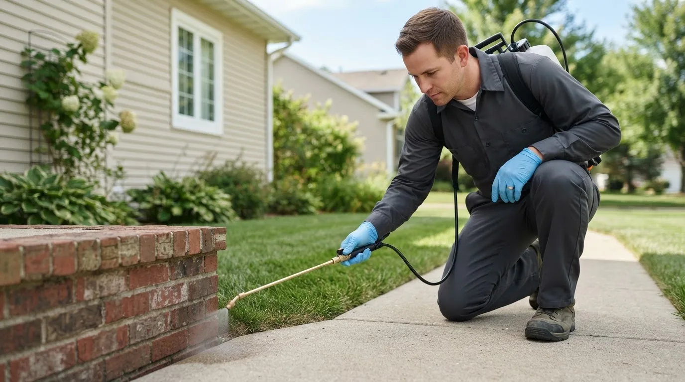 Pest control technician treating a home near Texline, TX