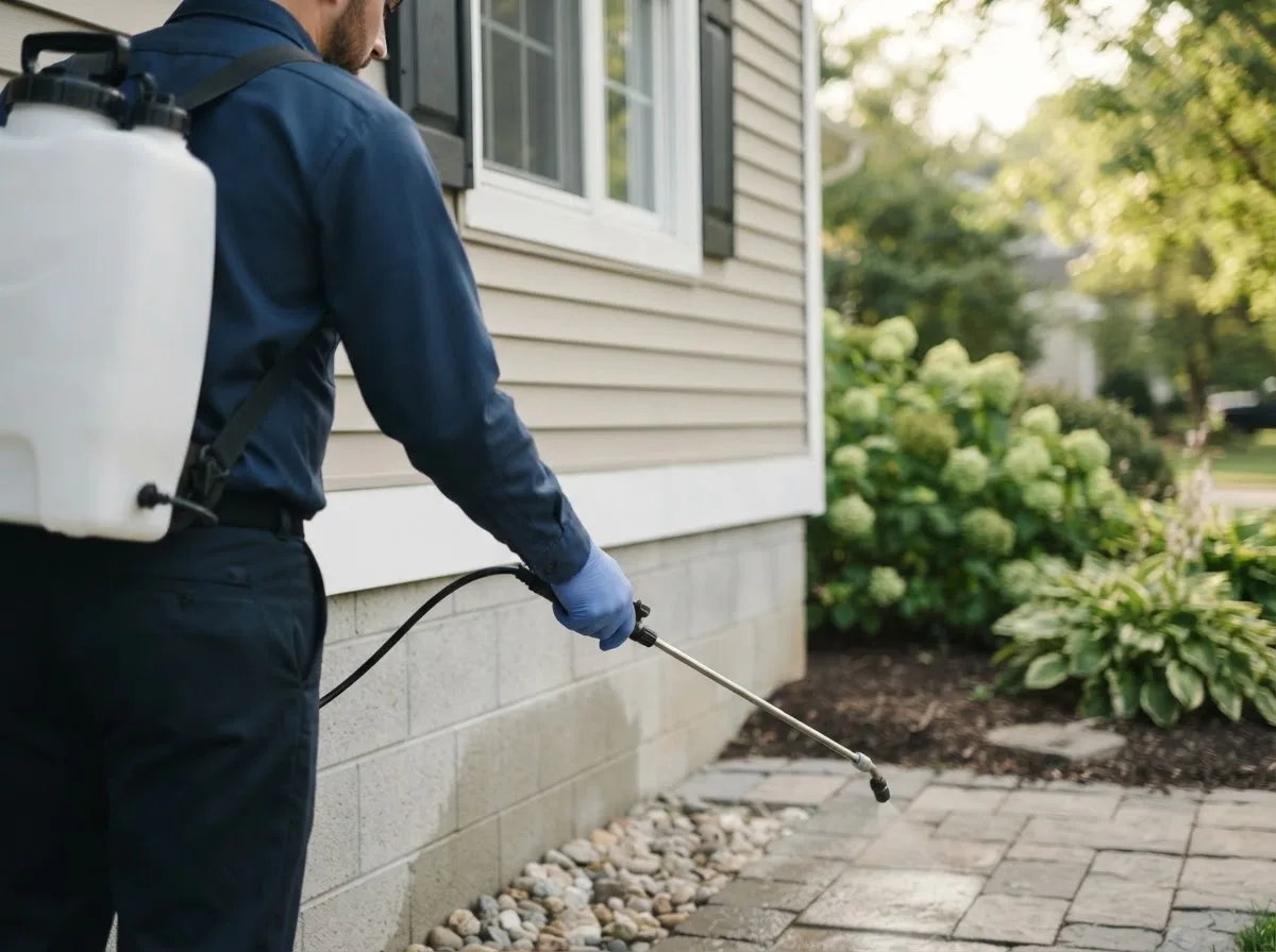 Pest control technician inspecting a home in Texline, TX